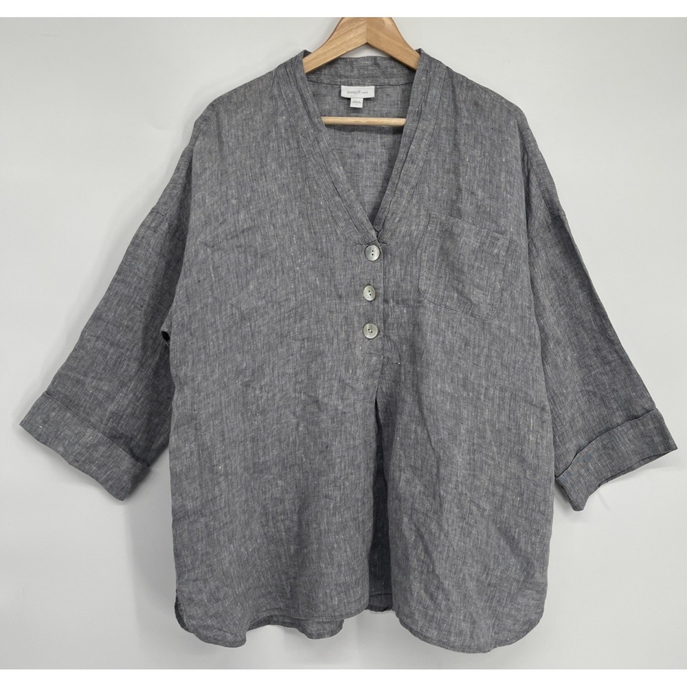 J Jill Pure Linen Tunic Top  3/4 Sleeve Lagenlook Beach Artsy Minimalist Size L